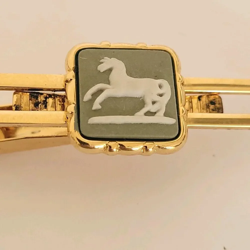 Wedgwood Gold Green Tone‎ Tie Bar Clip with Jasper Horse Cameo Vintage Retro